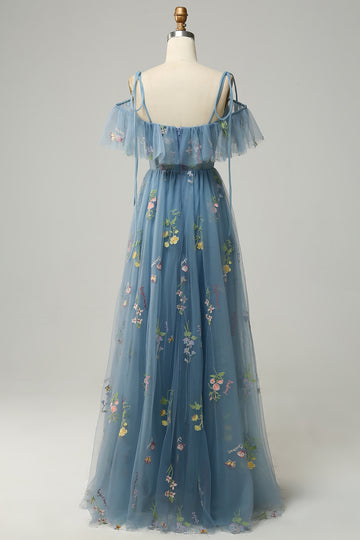 Green A-Line V-Neck Cold Shoulder Embroidery Long Ball Dress with Slit